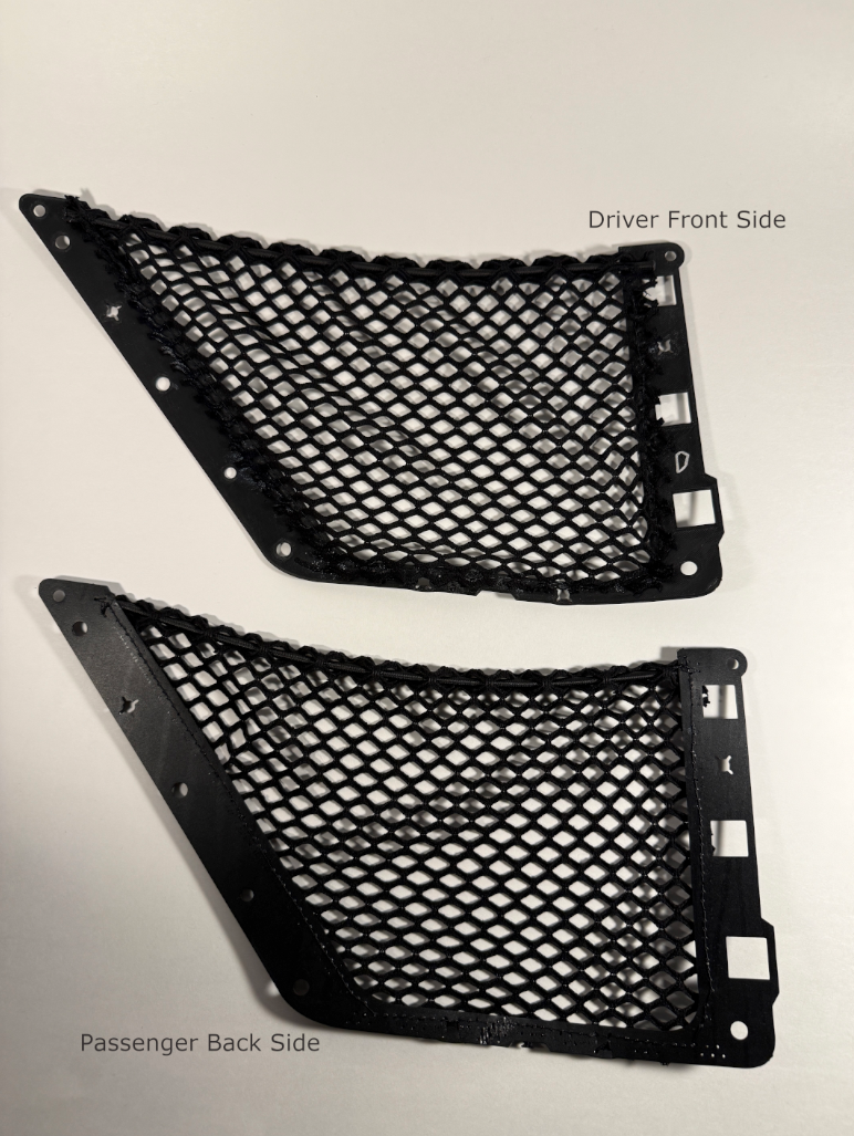 A pair of black mesh cargo net inserts with integrated mounting brackets. The pieces are labeled for "Driver Front Side" and "Passenger Back Side" placement, shown against a neutral background.
